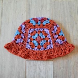 Crochet Granny Square Bucket Hat in Sunset Colors (orange, purple, periwinkle)